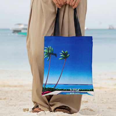 Palm Tree Poolside Tote Bag | Retro California Swimming Pool Illustration | Premium Twill Diamond-Grid Fabric | Aesthetic Summer Gift for Beach Lovers