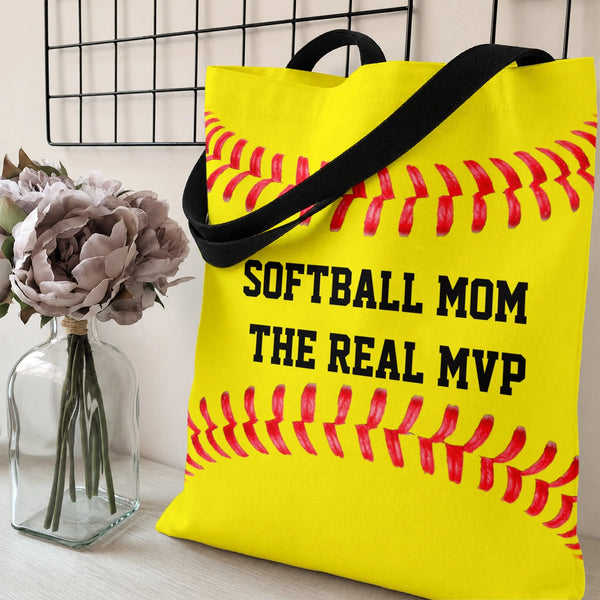Softball Mom Tote Bag | The Real MVP Yellow Softball Stitch Design | Premium Twill Diamond-Grid Texture | Gift for Softball M