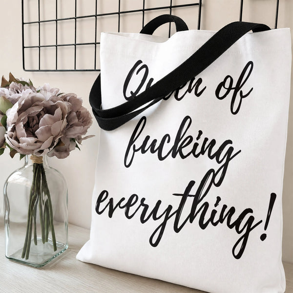 Queen of Everything Funny Quote Tote Bag | Sassy Script Lettering Typography Design | Premium Twill Diamond-Grid Texture | Em