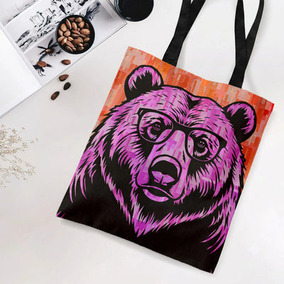 Bear with Glasses Tote Bag | Hipster Grizzly Pop Art Illustration | Premium Twill Diamond-Grid Texture | Unique Gift for Bear Lovers