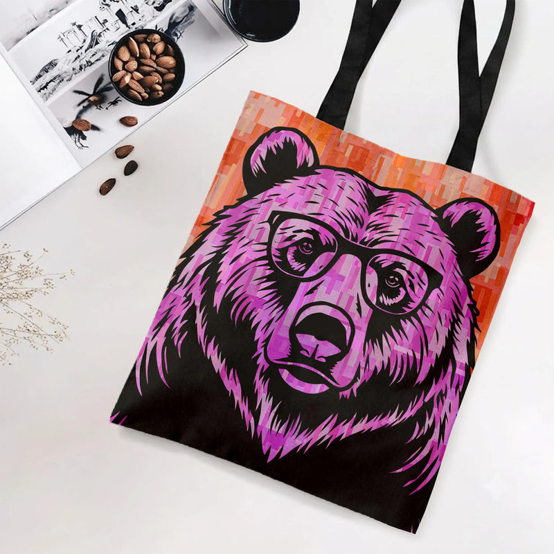 Bear with Glasses Tote Bag | Hipster Grizzly Pop Art Illustration | Premium Twill Diamond-Grid Texture | Unique Gift for Bear Lovers