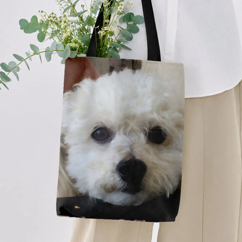 White Fluffy Dog Tote Bag | Adorable Puppy Portrait Photo Print | Premium Composite Twill Fabric | Gift for Dog Lovers