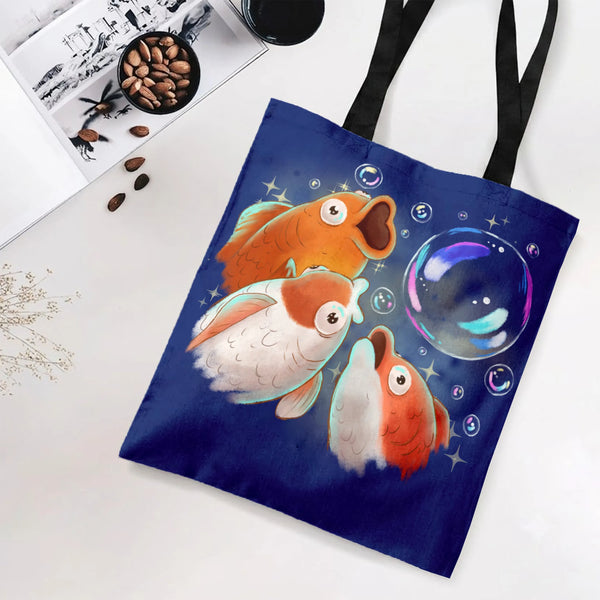 Goldfish Tote Bag | Cute Cartoon Fish with Bubbles Whimsical Illustration | Premium Twill Structured Bag | Gift for Fish Love