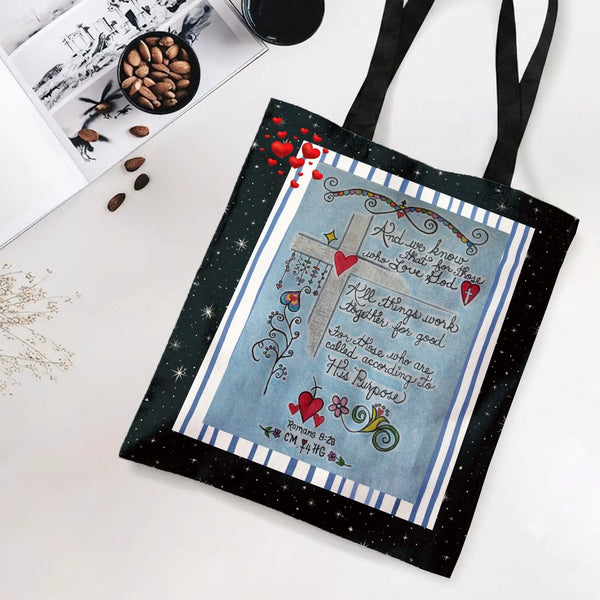 Romans 8:28 Bible Verse Tote Bag | Hand-Lettered Scripture Cross Art | Premium Composite Twill Fabric | Gift for Christian Wo