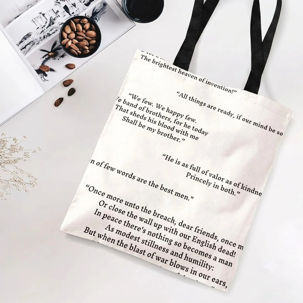 Shakespeare Quotes Tote Bag | Henry V Band of Brothers Literary Typography Art | Premium Twill Diamond-Grid Texture | Gift fo
