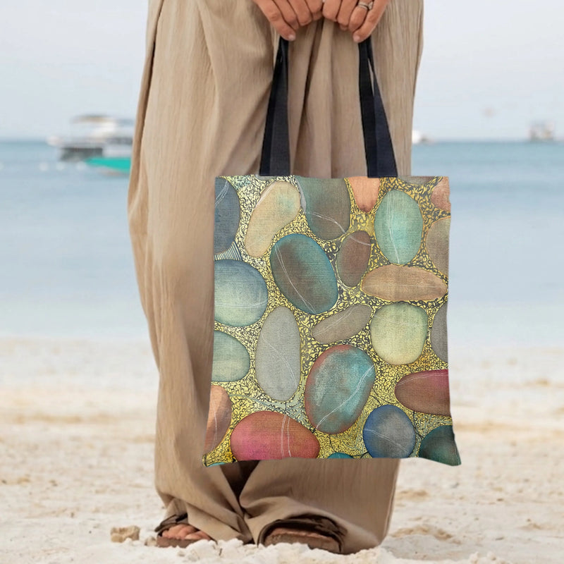 River Stone Pebble Tote Bag | Watercolor Mosaic Stones with Gold Filigree Art | Premium Composite Twill Fabric | Aesthetic Gift for Art Lover