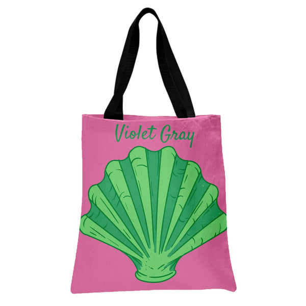 Seashell Tote Bag | Pink and Green Scallop Shell Pop Art Design | Premium Twill Diamond-Grid Texture | Trendy Beach Lover Gif