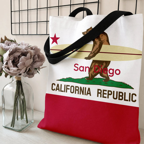 California Bear Surfboard Tote Bag | San Diego Surfer Bear Republic Flag Art | Premium Twill Diamond-Grid Texture | Gift for 