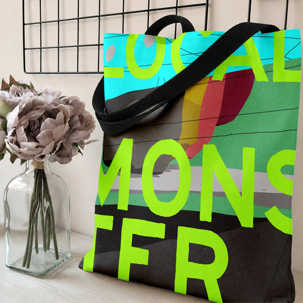 Local Monster Tote Bag | Bold Neon Typography Mixed Media Collage Art | Premium Composite Twill Fabric | Trendy Urban Style G