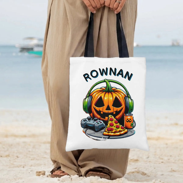 Gamer Pumpkin Personalized Tote Bag | Jack-o-Lantern with Headphones Pizza & Controller Art | Premium Twill Diamond-Grid Text