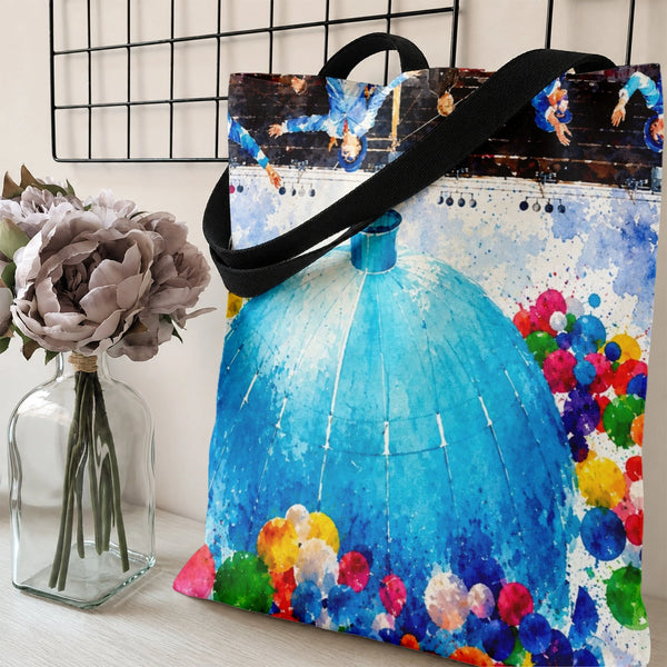 Circus Tent Tote Bag | Watercolor Big Top with Colorful Balloons Art | Premium Composite Twill Fabric | Unique Gift for Carni