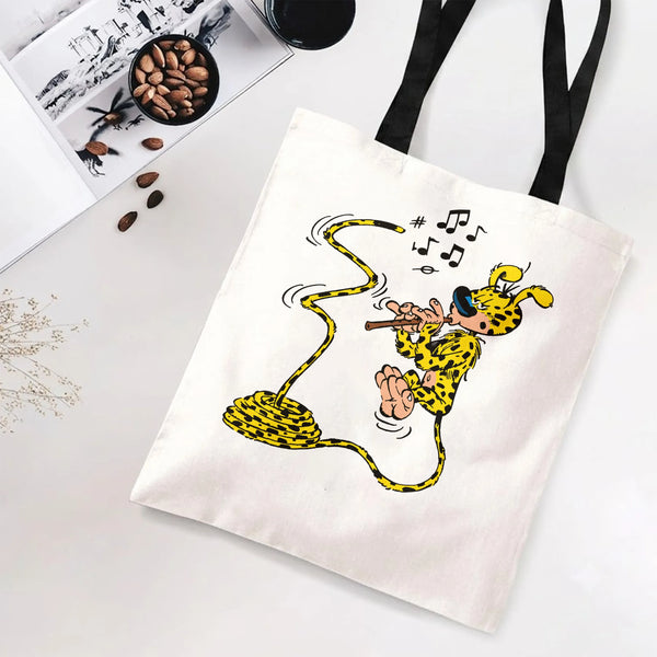 Cartoon Cheetah Playing Flute Tote Bag | Retro Leopard Musician with Musical Notes Art | Premium Twill Fabric Tote | Gift for