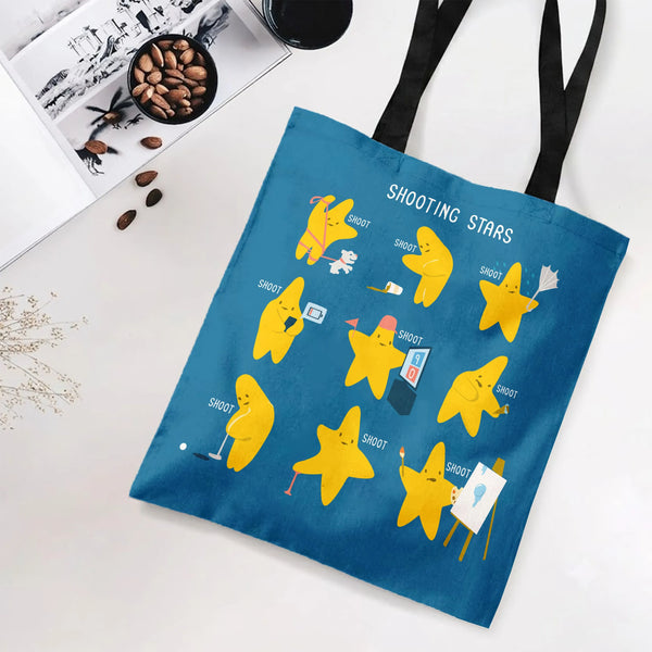 Shooting Stars Tote Bag | Cute Cartoon Stars Doing Activities Funny Pun Art | Premium Twill Diamond-Grid Texture | Fun Gift f