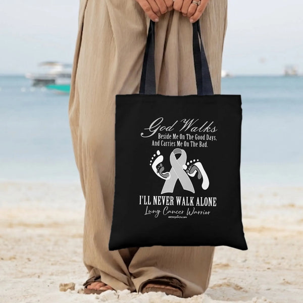 Lung Cancer Warrior Tote Bag | God Walks Beside Me Awareness Ribbon & Footprints Design | Premium Twill Diamond-Grid Texture 