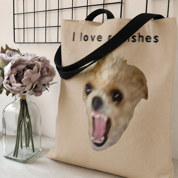 I Love Radishes Funny Dog Tote Bag | Happy Poodle Meme Art Print | Premium Twill Diamond-Grid Texture | Hilarious Gift for Do
