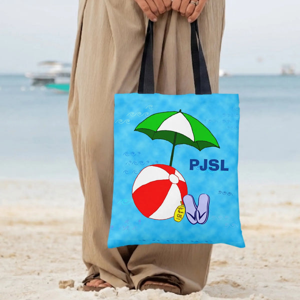 Beach Umbrella Tote Bag | Cartoon Beach Ball Flip Flops Summer Illustration | Premium Twill Diamond-Grid Texture | Fun Summer