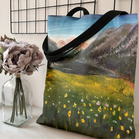 Mountain Wildflower Meadow Tote Bag | Oil Painting Landscape Art with Alpine Flowers | Premium Twill Fabric | Aesthetic Gift for Nature Lovers