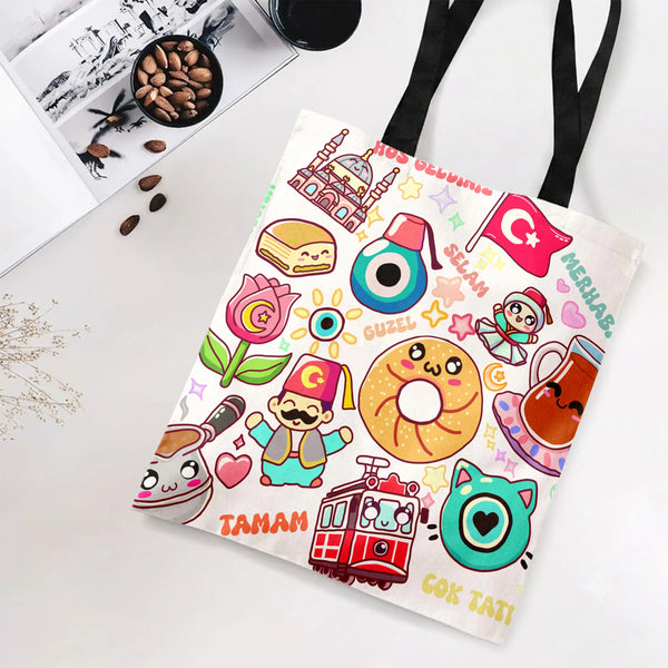 Turkish Culture Kawaii Tote Bag | Cute Istanbul Simit Evil Eye Doodle Art | Premium Twill Diamond-Grid Fabric | Gift for Turk