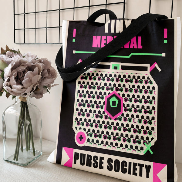 Tiny Medieval Purse Society Tote Bag | Retro Neon Geometric Poster Art Design | Premium Composite Twill Fabric | Unique Gift 