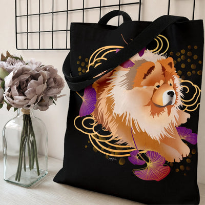 Chow Chow Tote Bag | Fluffy Dog with Golden Ginkgo Art | Premium Twill Diamond-Grid Fabric | Gift for Dog Lovers