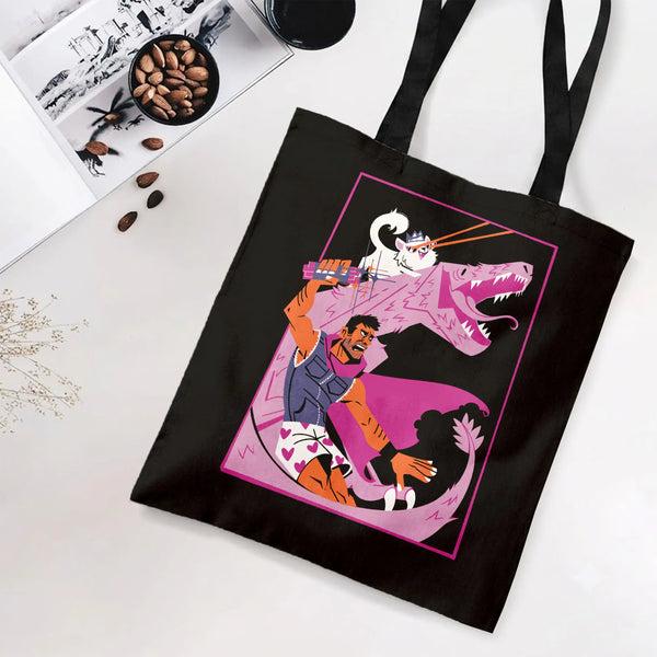 Warrior Riding Dinosaur Tote Bag | Fierce Pink T-Rex Action Cartoon Art | Premium Twill Diamond-Grid Texture | Unique Gift fo