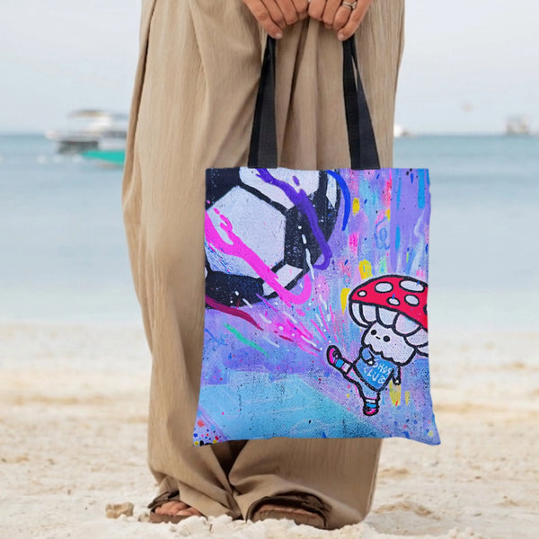 Mushroom Soccer Tote Bag | Graffiti Street Art Cartoon Mushroom Kicking Football | Premium Twill Diamond-Grid Fabric | Trendy