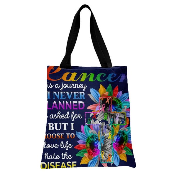 Cancer Awareness Tote Bag | Colorful Sunflower Cross with Ribbons Inspirational Quote Art | Premium Twill Diamond-Grid Fabric