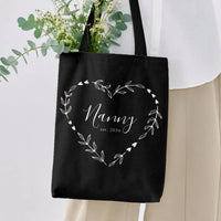 Nanny Est 2026 Tote Bag | Botanical Heart Wreath Script Lettering | Premium Twill Diamond-Grid Texture | Sentimental Gift for New Grandma