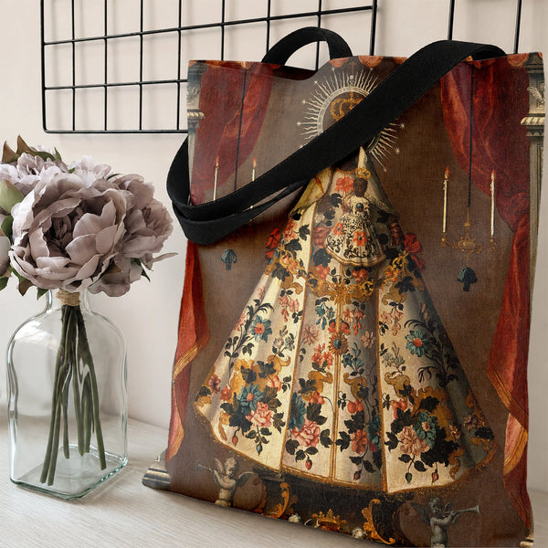 Virgin Mary Tote Bag | Colonial Baroque Madonna Floral Painting Art | Premium Twill Diamond-Grid Texture | Gift for Catholic 