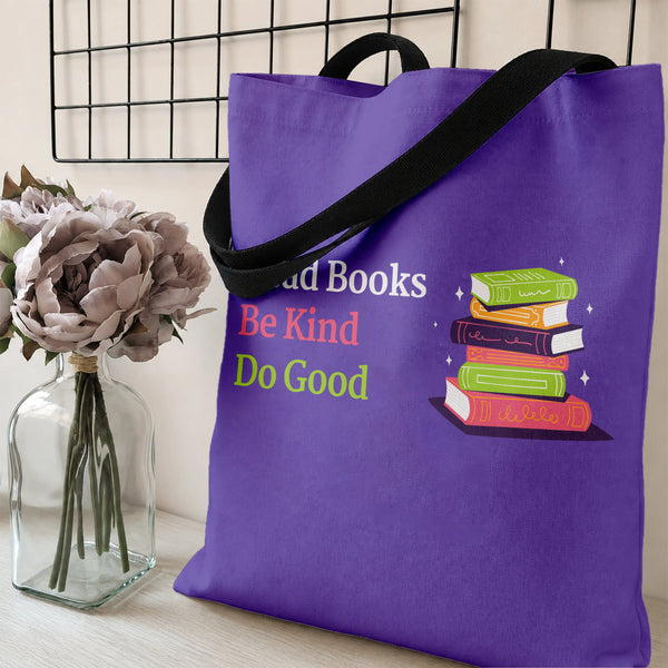 Read Books Be Kind Tote Bag | Colorful Book Stack Inspirational Quote Art | Premium Twill Diamond-Grid Texture | Gift for Boo