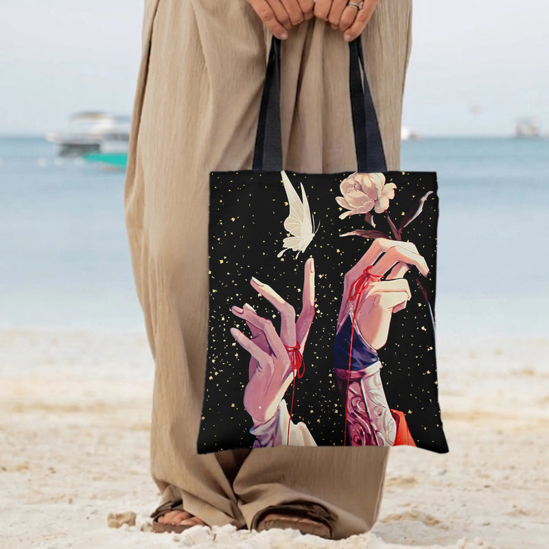 Red String of Fate Tote Bag | Elegant Hands Butterfly Peony Painting on Starry Night | Premium Twill Diamond-Grid Fabric | Romantic Aesthetic Gift for Art Lovers