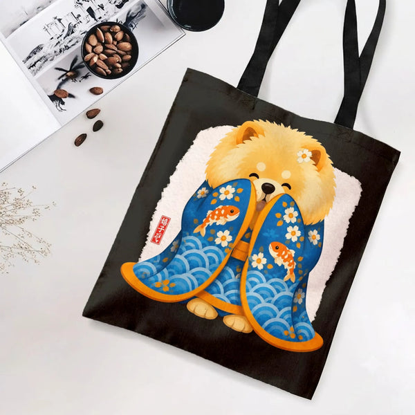 Shiba Inu Kimono Tote Bag | Cute Kawaii Dog in Blue Kimono with Koi Fish and Sakura Art | Premium Twill Fabric | Aesthetic Gi