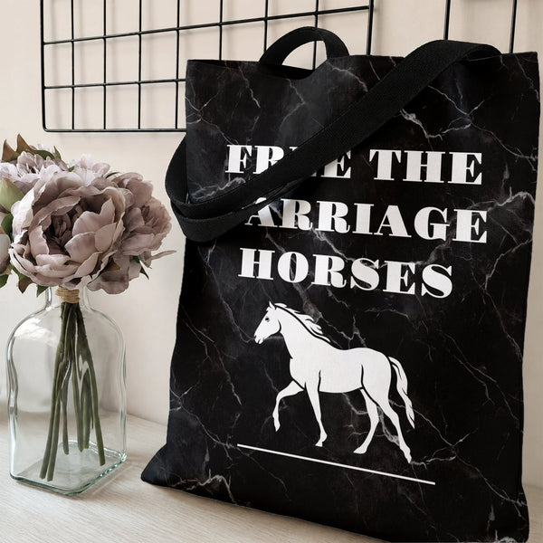 Free the Carriage Horses Tote Bag | Animal Rights Horse Silhouette Black Marble Design | Premium Twill Fabric | Gift for Hors