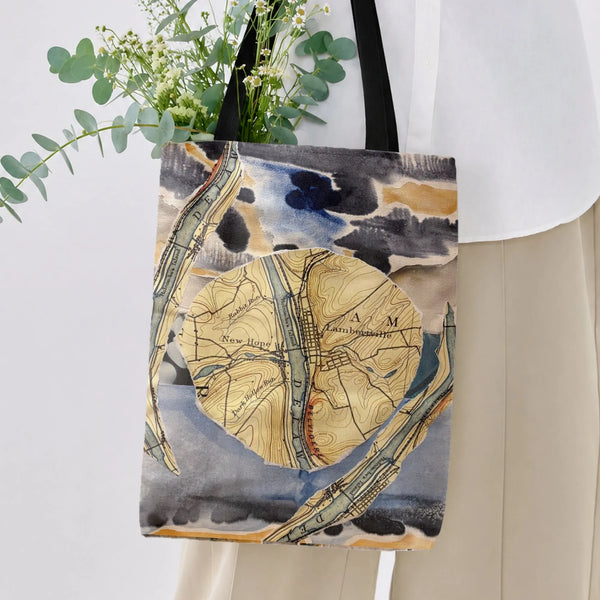 New Hope Lambertville Map Tote Bag | Vintage Topographic Watercolor Collage Art | Premium Twill Diamond-Grid Texture | Gift f