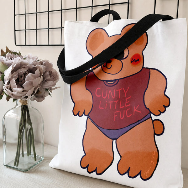 Rude Teddy Bear Tote Bag | Funny Cartoon Bear in Sweater Profanity Art | Premium Twill Diamond-Grid Texture | Sarcastic Humor