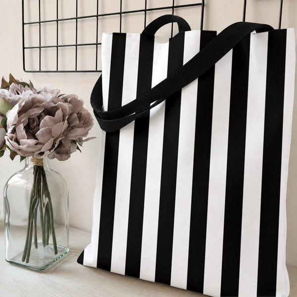 Black and White Vertical Stripe Tote Bag | Bold Minimalist Stripes Pattern | Premium Twill Fabric Tote | Aesthetic Gift for H