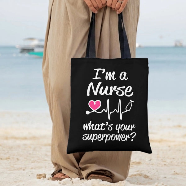 Nurse Superpower Tote Bag | Funny Stethoscope Heartbeat Quote Design | Premium Twill Diamond-Grid Texture | Appreciation Gift