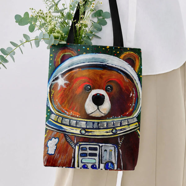 Astronaut Bear Tote Bag | Cute Space Bear in Spacesuit Painted Art | Premium Twill Diamond-Grid Texture | Fun Gift for Space 