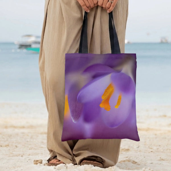 Purple Crocus Flower Tote Bag | Macro Floral Photography with Golden Stamens | Premium Twill Fabric | Aesthetic Gift for Flow