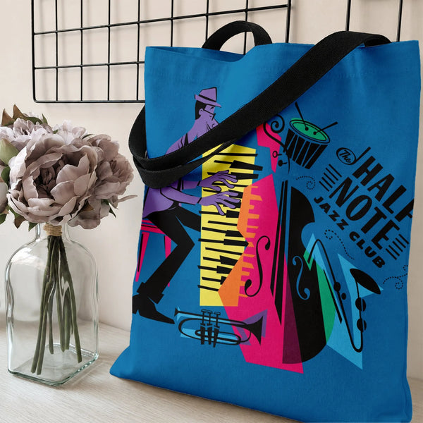 Jazz Music Tote Bag | Vintage Piano Player & Saxophone Art | Premium Twill Diamond-Grid Fabric | Gift for Music Lovers
