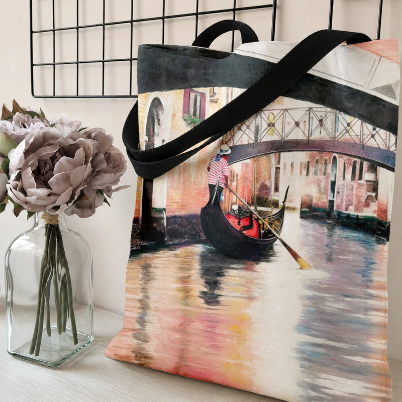 Venice Gondola Tote Bag | Watercolor Italian Canal Bridge Painting Art | Premium Twill Diamond-Grid Texture | Romantic Gift for Italy Travel Lovers