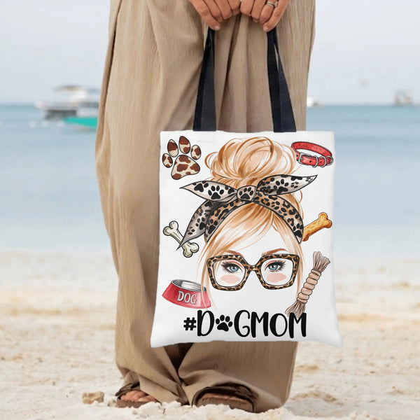 Dog Mom Tote Bag | Messy Bun Leopard Print Dog Lover Illustration | Premium Twill Diamond-Grid Texture | Perfect Gift for Dog