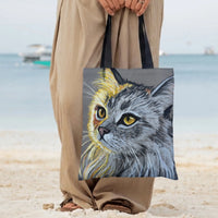 Gray Cat Tote Bag | Pastel Chalk Portrait Art with Golden Eyes Detail | Premium Textured Twill Fabric | Gift for Cat Lover