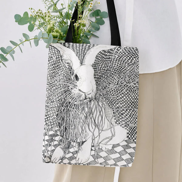 Rabbit Tote Bag | Intricate Pen and Ink Bunny Zentangle Art | Premium Composite Twill Fabric | Unique Gift for Rabbit Lover