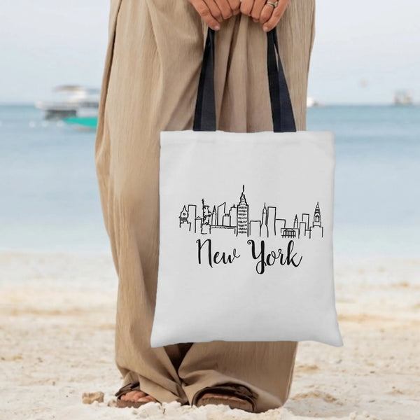 New York Skyline Tote Bag | Hand-Drawn City Illustration with Script Lettering | Premium Twill with Diamond-Grid Texture | Gi