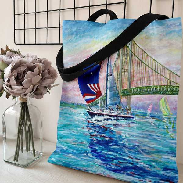 Sailboat Tote Bag | American Flag Spinnaker Bridge Painting Art | Premium Twill Diamond-Grid Texture | Gift for Sailing Enthu