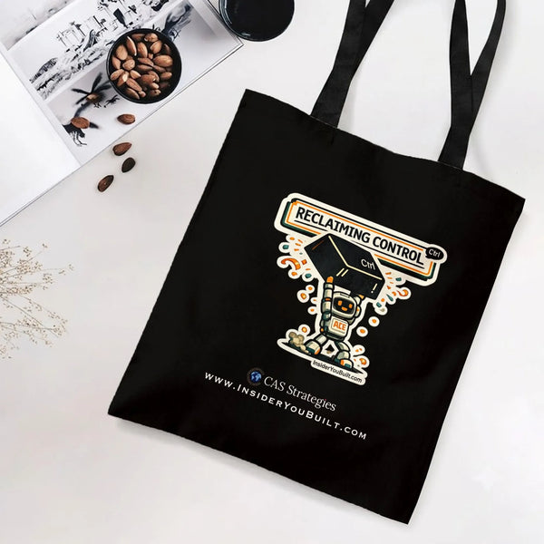 Reclaiming Control Robot Tote Bag | Cartoon Robot Holding Ctrl Keyboard Key Retro Art | Premium Twill Fabric | Gift for Coder