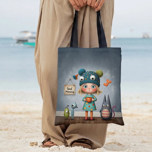 Whimsical Girl and Monsters Tote Bag | Good Morning Coffee Quirky Storybook Illustration | Premium Twill Diamond-Grid Texture