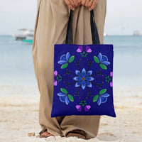 Folk Floral Mandala Tote Bag | Symmetrical Blue Lotus Flower Art on Deep Navy | Premium Composite Twill Fabric | Aesthetic Gift for Flower Lovers