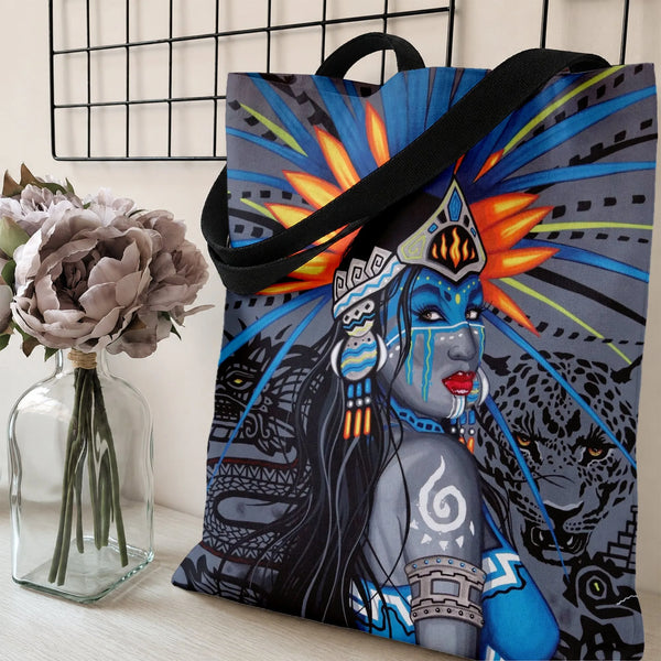 Aztec Warrior Princess Tote Bag | Vibrant Mesoamerican Feathered Headdress Art with Jaguar and Serpent | Premium Twill Diamon